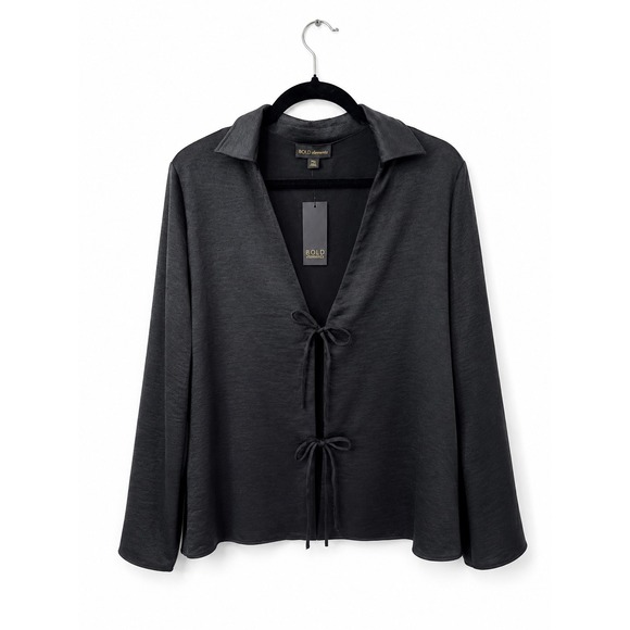 BOLD elements Tops - BOLD ELEMENTS Black Tie Front Top Notched V Neck Satin Blouse PXL NWT